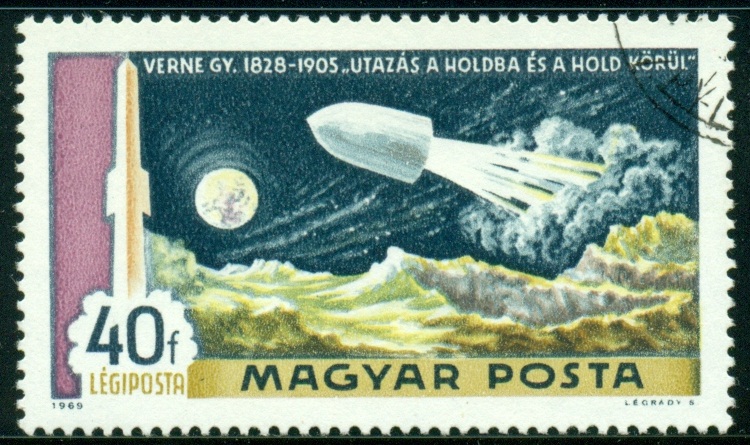 MAĎARSKO. chybné zobrazení. Julius Verne popsal cestu na Měsíc, ale raketa neměla vlastní pohon
