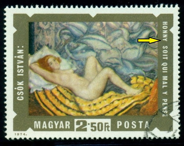 MAĎARSKO. pravopisná chyba. István Csók (1865-1961) namaloval obraz 'Honni soit qui mal y pense...'