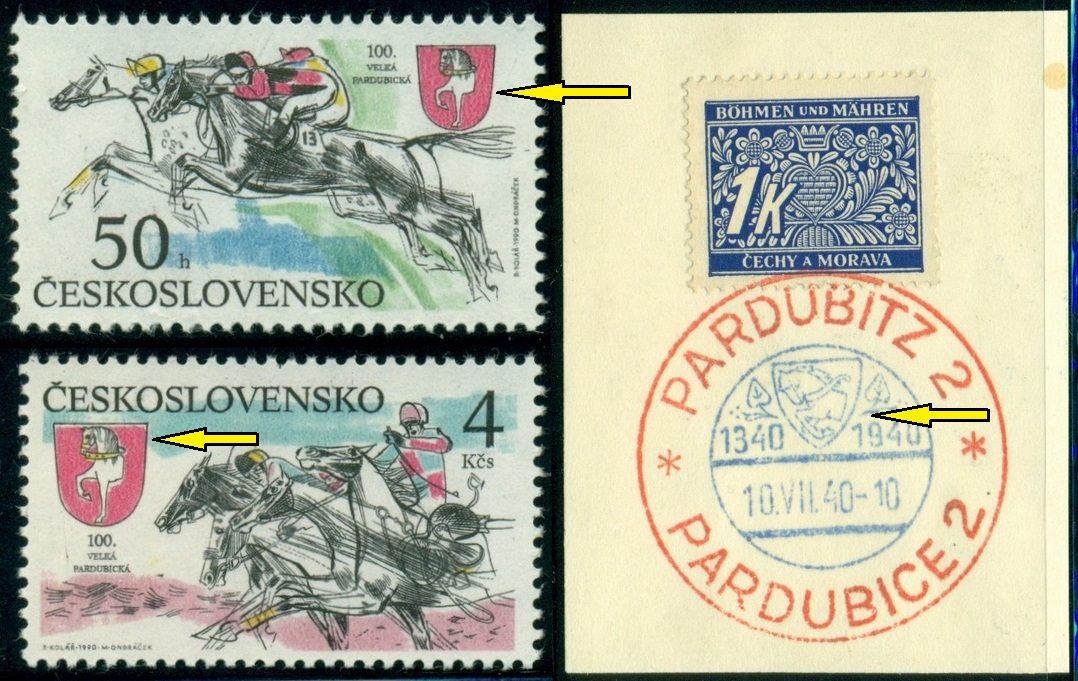 ČESKOSLOVENSKO. na známkách je chybně znak Hlinska místo znaku Pardubic