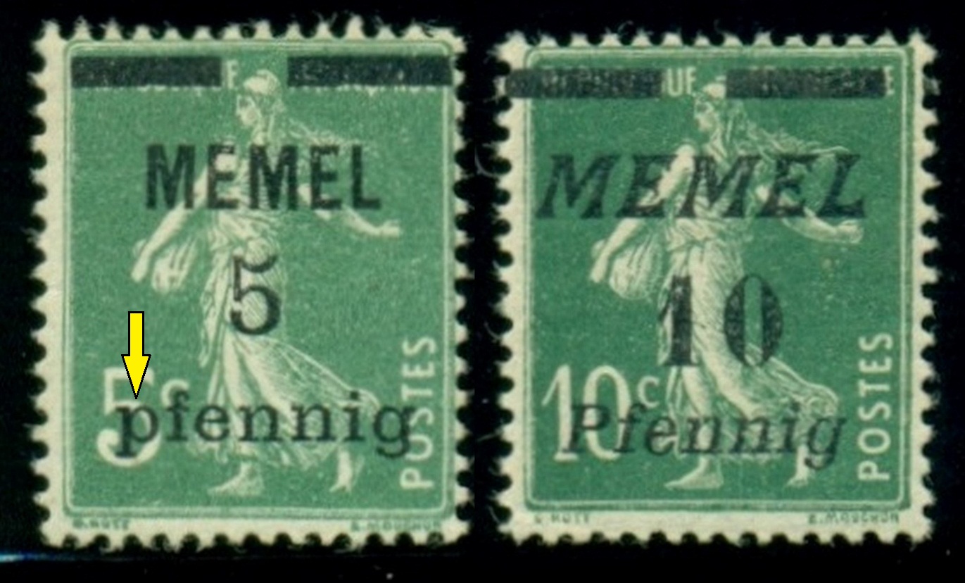 MEMEL. chybný pravopis. na známce vlevo je malé 'p' což odporuje německému pravopisu u podstatných jmen