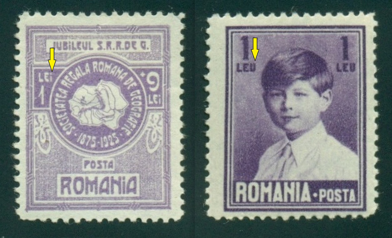 RUMUNSKO. na známce vlevo je chybně 1 Lei v množném čísle