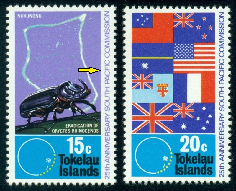 TOKELAU. na známce vlevo chybí písmeno ve slově 'pacific'