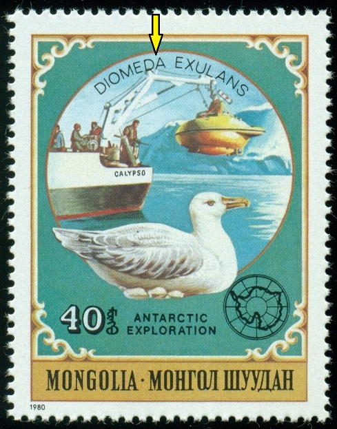 MONGOLSKO. chybný pravopis. albatros stěhovavý je správně Diomedea exulans