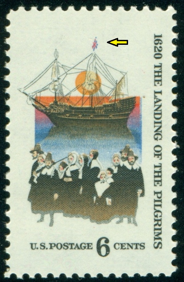 USA. anachronismus. chybně použitá vlajka Union Jack v roce 1620