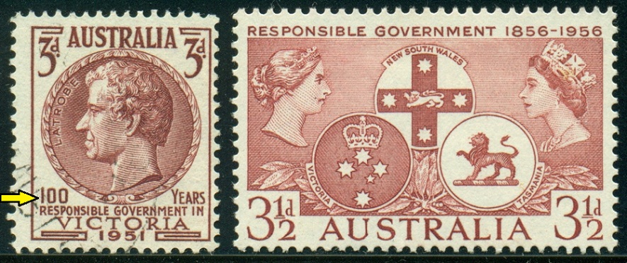 AUSTRÁLIE. na známce vlevo je chybný popis výročí vlády ve Victorii.