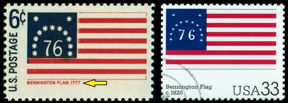 USA. na známce vlevo je chybný rok vzniku této historické vlajky