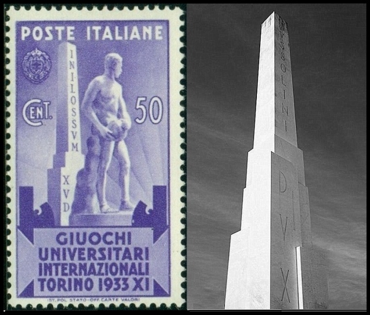 ITÁLIE. na známce je na obelisku nápis 'DUX MUSSOLINI' psán omylem odspodu