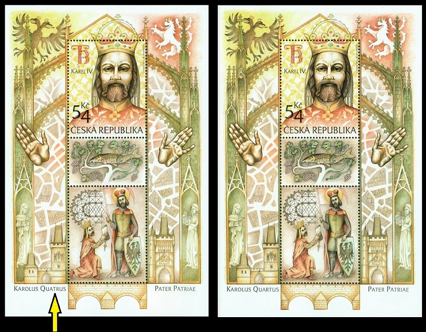 ČESKÁ REPUBLIKA. prohozená písmena. Karel IV. je napsán KAROLUS QUATRUS místo KAROLUS QUARTUS