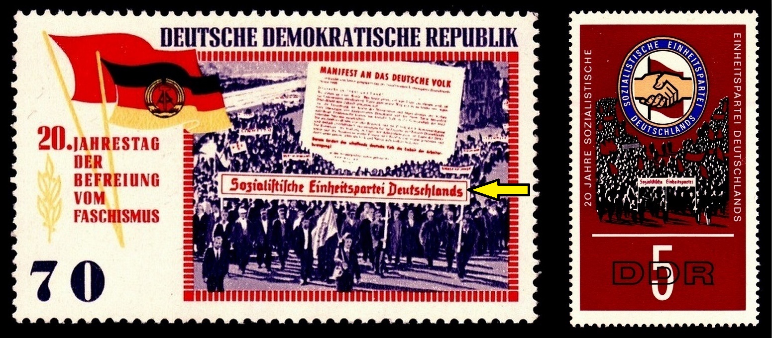 NDR. na transparentu ve skutečnosti bylo jen Sozialistische Einheitspartei - slovo Deutschlands je přidané výtvarníkem