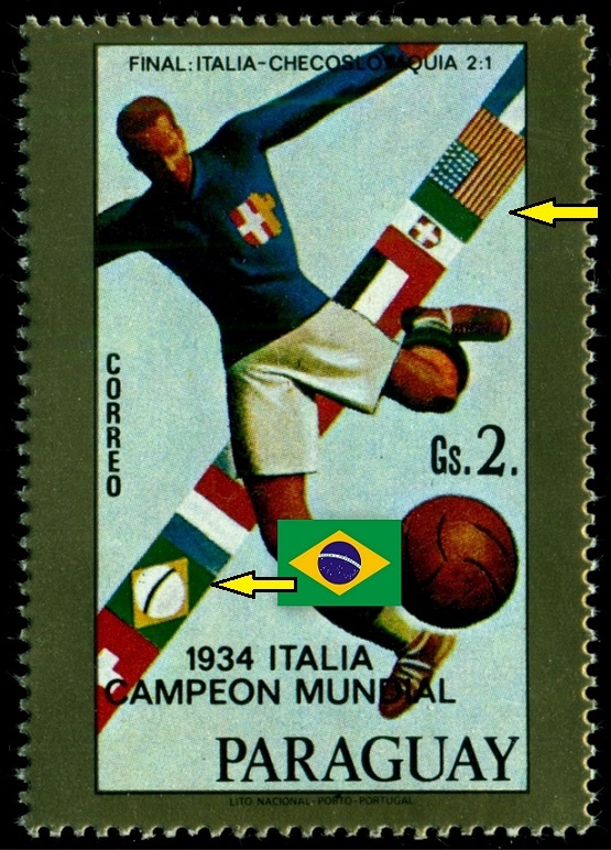 PARAGUAY.  na známce je na brazilské vlajce prohozena modrá a bílá barva. mělo být jako na připojené vlajce