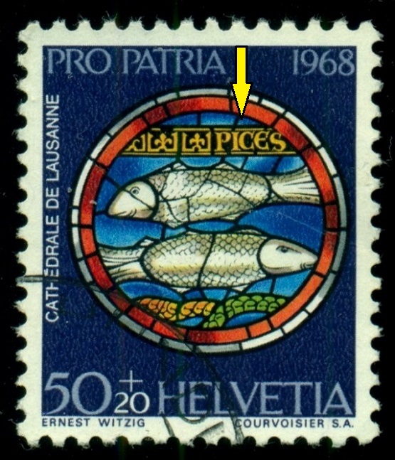 ŠVÝCARSKO. chybný popis ve vitráži.  ryby ve zvěrokruhu měly být popsány jako PISCES.