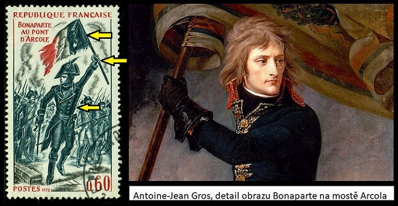 FRANCIE. Bonaparte na mostě Arcola nepoužil tuto vlajku a jako důstojník měl rukavice a jinou uniformu