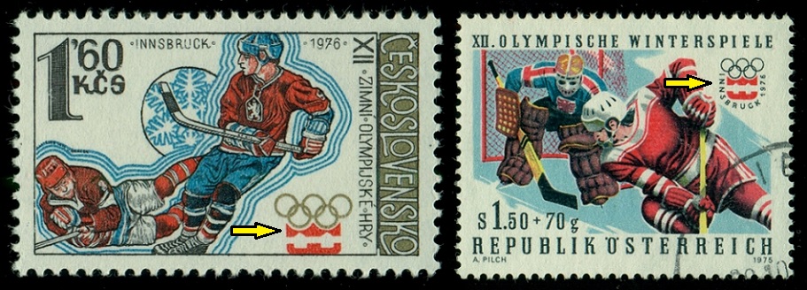 ČESKOSLOVENSKO. neúplný emblém olympiády (3) správně je na známce vpravo