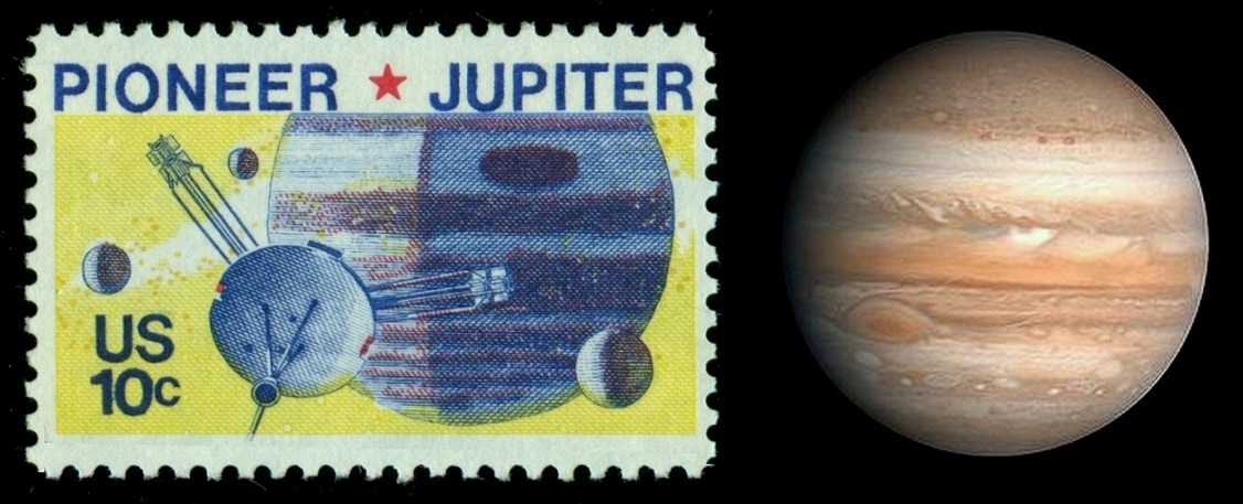 USA. Jupiter je na známce převrácen