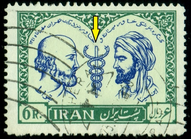 IRÁN. chybné zobrazení. symbol medicíny je hůl jen s jedním hadem