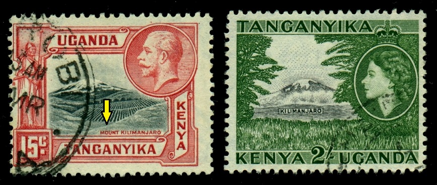 KUT. na známce vlevo je chybně popis Mount Kilimanjaro. na známce vpravo je již opraveno (1)