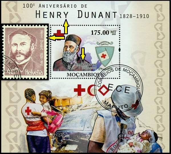 MOSAMBIK. dvakrát chybně Henry Dunant. správně je na švýcarské známce Henri Dunant