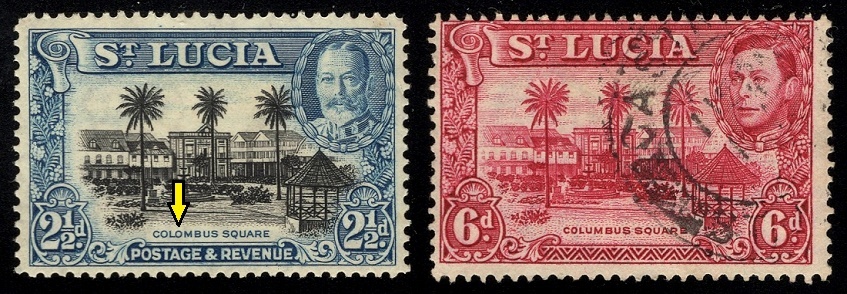 ST. LUCIA. na známce vlevo je chybně Colombus Square. vpravo je již opraveno jako Columbus Square