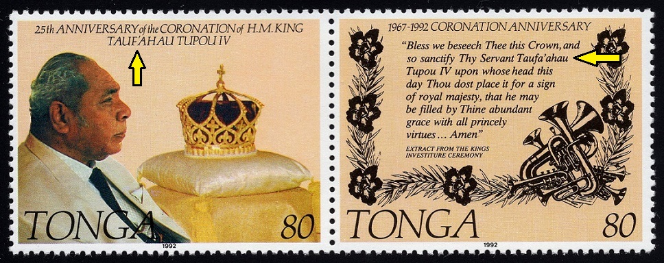 TONGA. na známce vlevo je chybně jméno krále - chybí písmeno. vpravo je již správně Taufa’ahau Tupou IV.