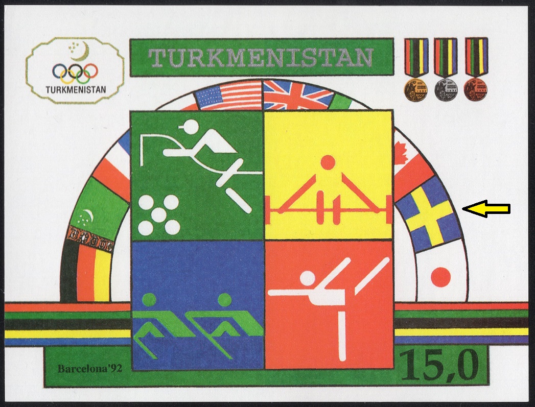 TURKMENISTÁN. chybně švédská vlajka. skandinávký žlutý kříž má být decentrovaný