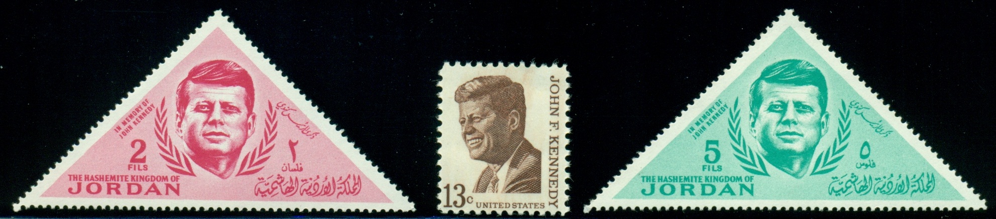 JORDÁNSKO. chybné zobrazení.  portrét JFK je zrcadlově obrácen. pro srovnání známka USA