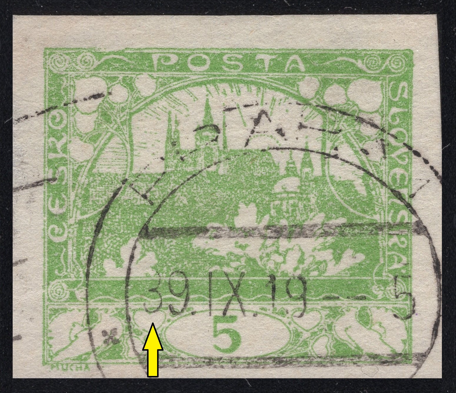 ČESKOSLOVENSKO. v razítku PRAHA 1 je chybně datum 39.IX.1919