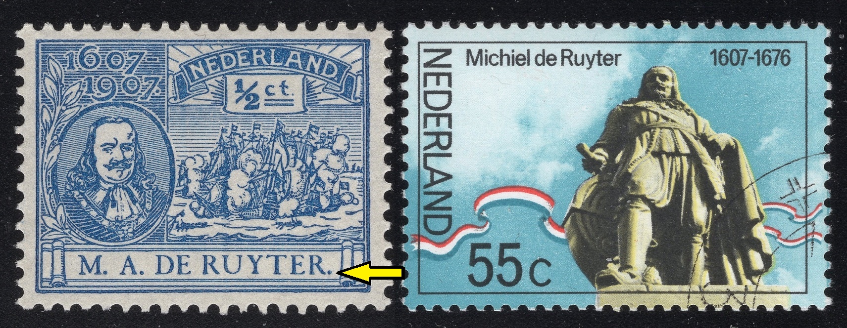 NIZOZEMÍ. admirál Michiel Adriaenszoon de Ruyter - na známce není zkratka a proto je tečka zbytečná (1)