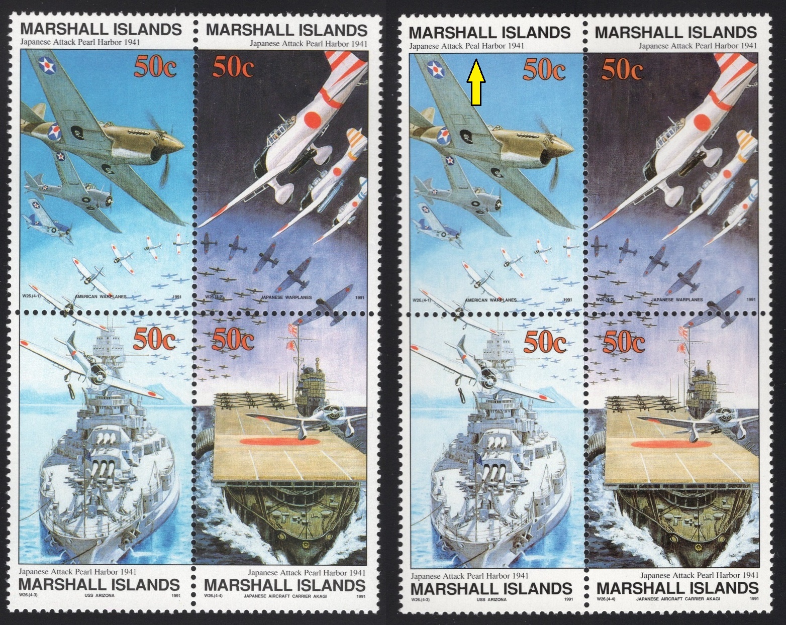 MARSHALLOVY OSTROVY. na označené známce z roku 1991 je chybně Peal Harbor. bylo opraveno na Pearl Harbor až v roce 1995