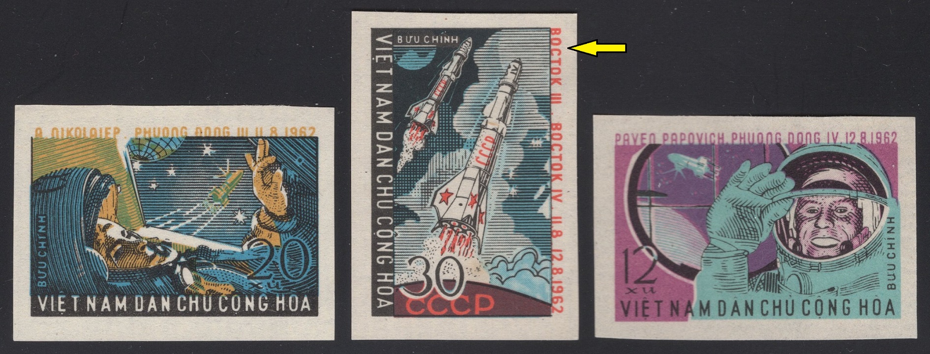 VIETNAM. na prostřední známce je popis v azbuce. mělo být VOSTOK v latince