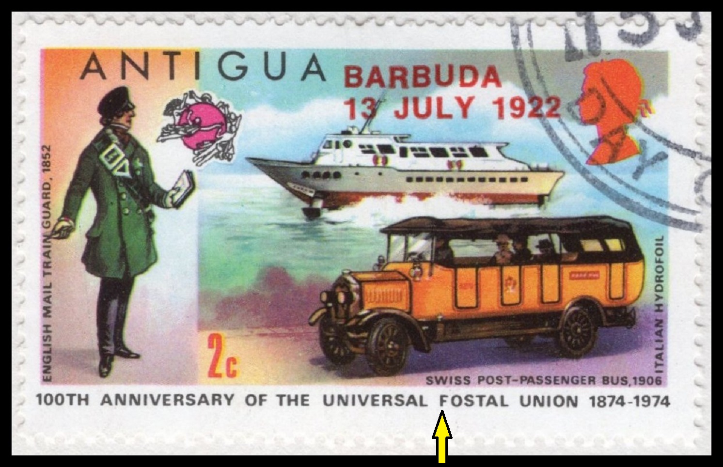 BARBUDA. ve slově POSTAL je chybně písmeno F místo P