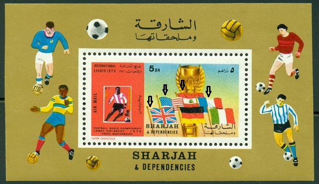SHARJAH. MS 1970 se nezúčastnili z USA,  Libanonu a Francie. místo Velké Británie má být vlajka Anglie
