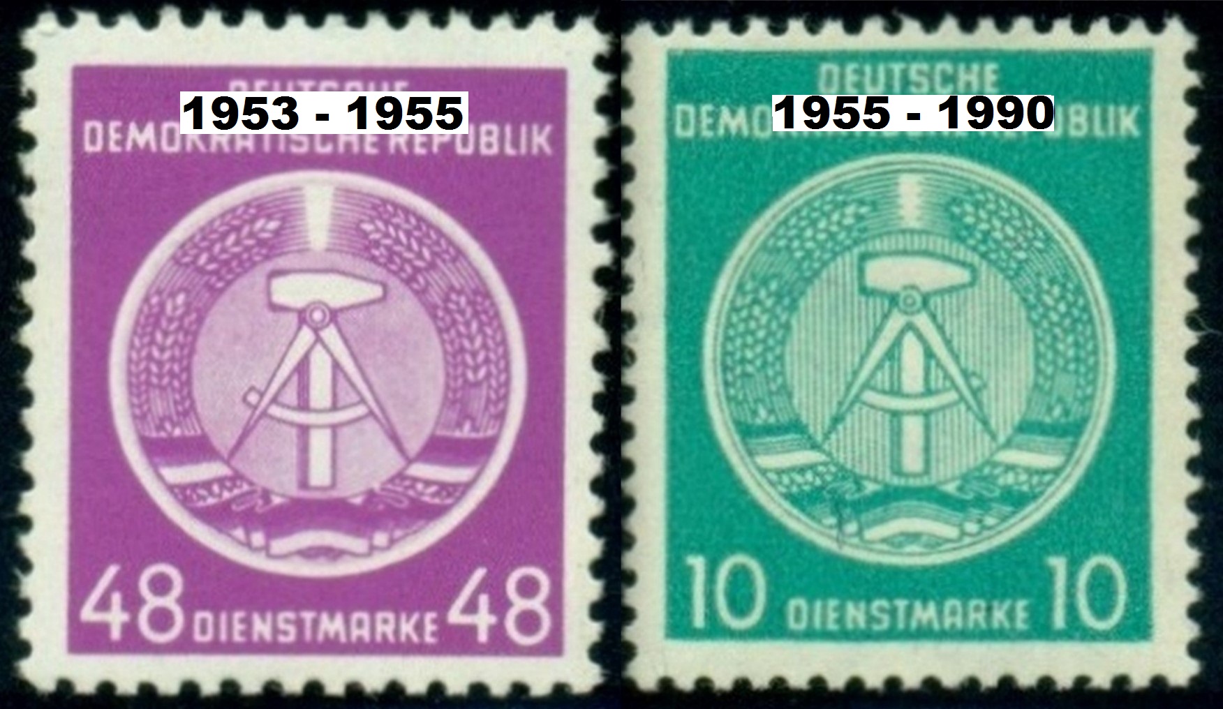 NDR. známka vpravo vyšla rok před úpravou státního znaku.